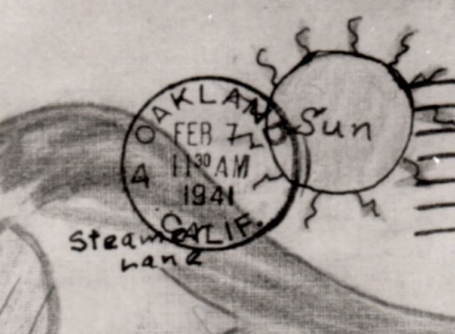 An elderly man discusses and examines a vintage postcard featuring a 1941 Oakland postmark. The focus transitions from his personal commentary to detailed close-up views of the handwritten address and postal stamps.