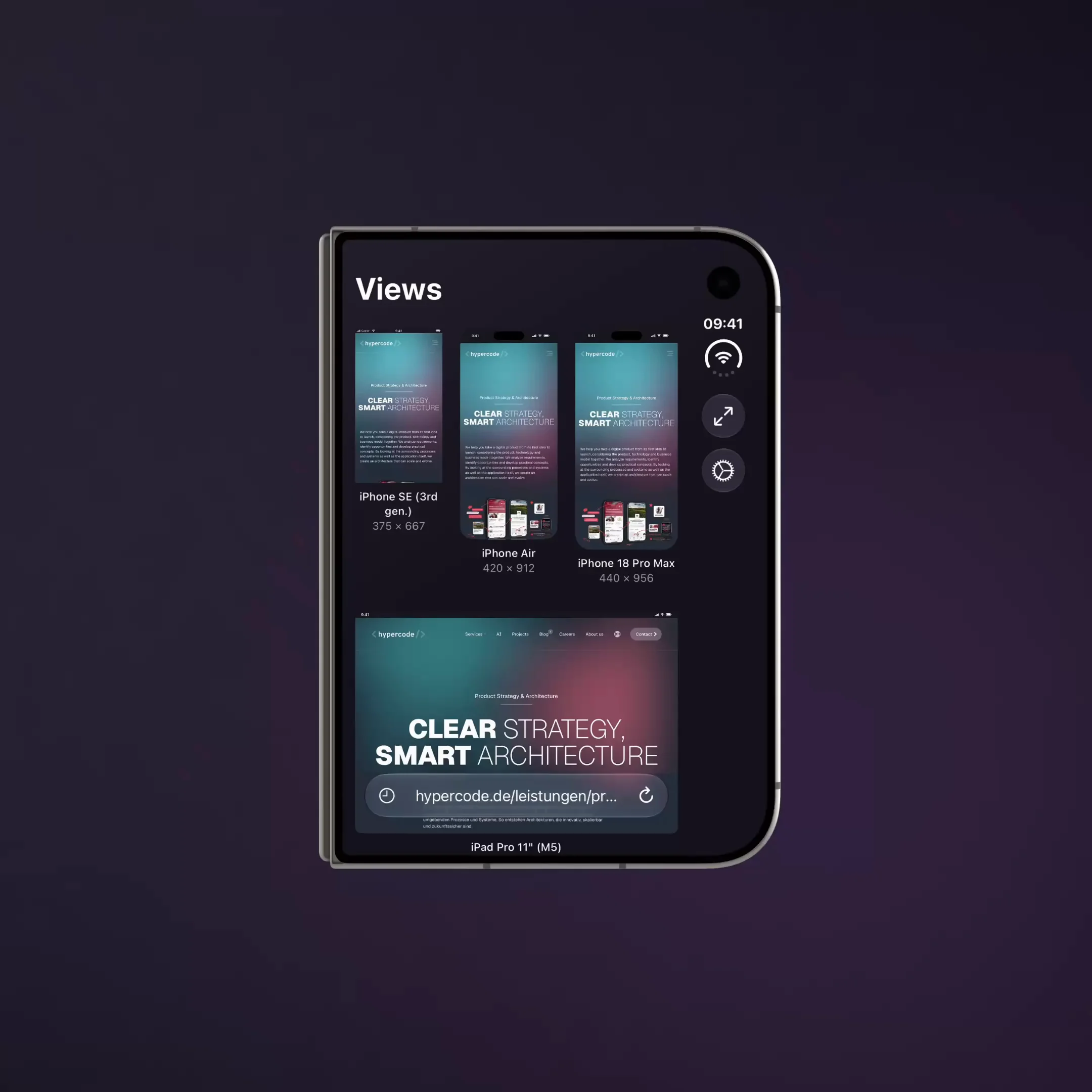 The Views overview with multiple website previews on an iPhone Duo as the device is unfolded and folded shut again. | Hypercode, Digital Product Studio, Cologne