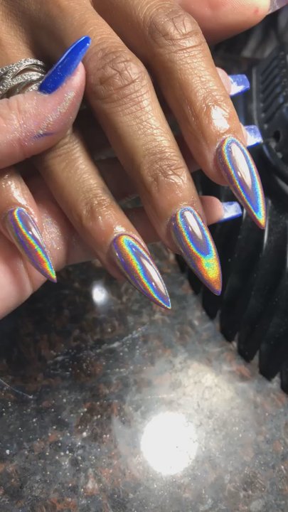 Elite Nails - Acrylic refill w Shellac/gel polish. Holographic effect is done by rubbing a fine powder on top of the Shellac/gel finishing. Total = $47 - Nail Salons Near Me - Baton Rouge, Louisiana