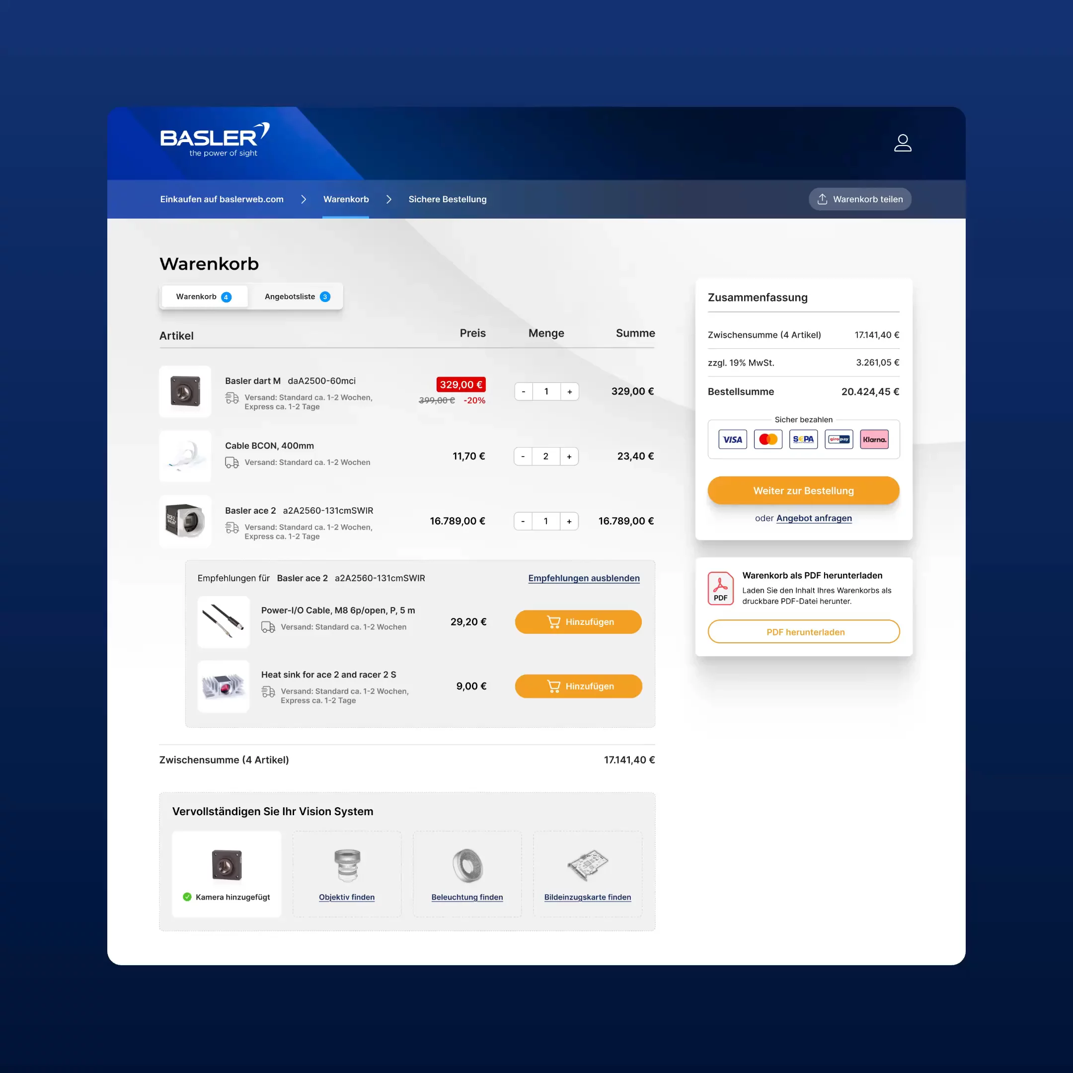 Die zentralen Schritte des Basler Onlineshops – vom Warenkorb über den Checkout bis hin zum Customer Account. Das von Hypercode entwickelte UX/UI-Design präsentiert den gesamten Kauf- und Verwaltungsprozess klar, modern und benutzerfreundlich. | Hypercode, Digital Product Studio, Köln