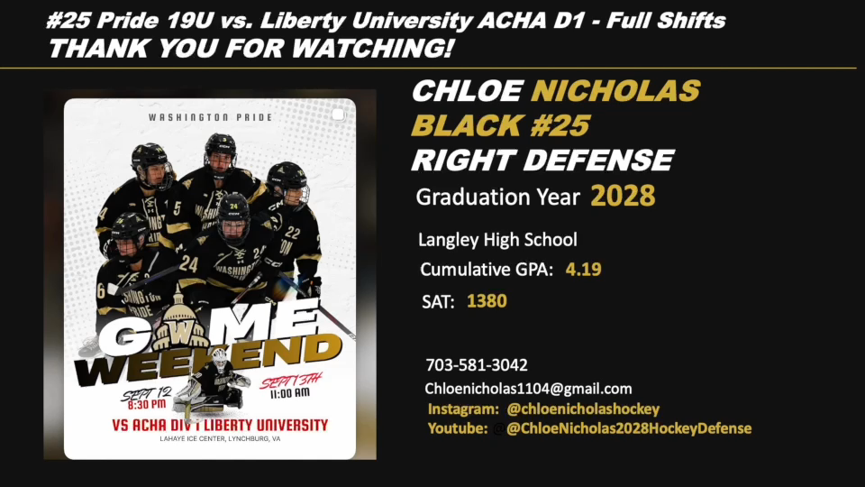 Chloe Nicholas 2028 RD: Defensive Highlights #25 Washington Pride 19U AAA vs. Liberty University ACHA D1- Full Shifts