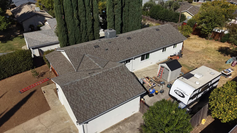 Drone footage of a completed roof replacement.