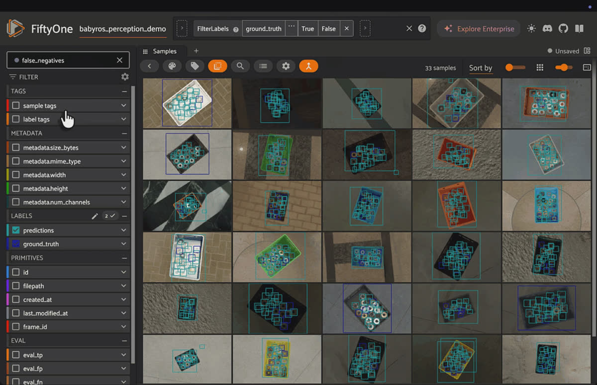 FiftyOne App grid view of the full BabyROS perception dataset with 2D detections across 40 bin-picking samples.