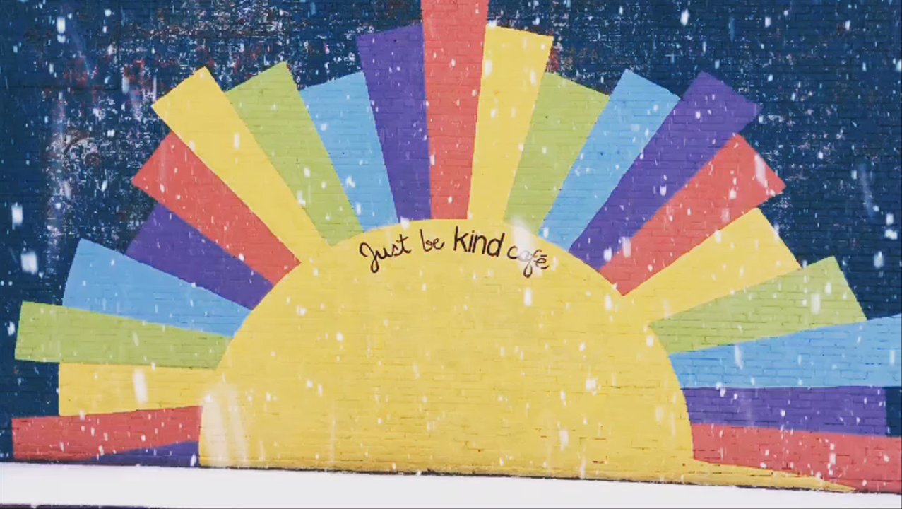 Just Be Kind Cafe - The sun was shining on this snow day at the Just Be Kind Cafe!  Great mural outside! - Bakeries Near Me - De Soto, Missouri