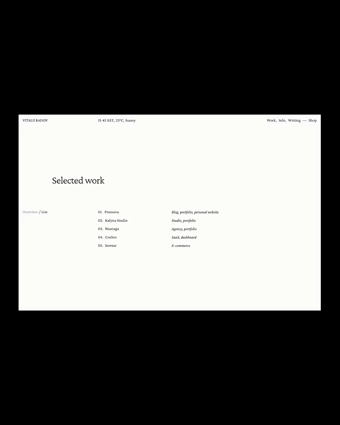 Selected work. Overview and list views. https://www.vitaliiradov.com/work/selected