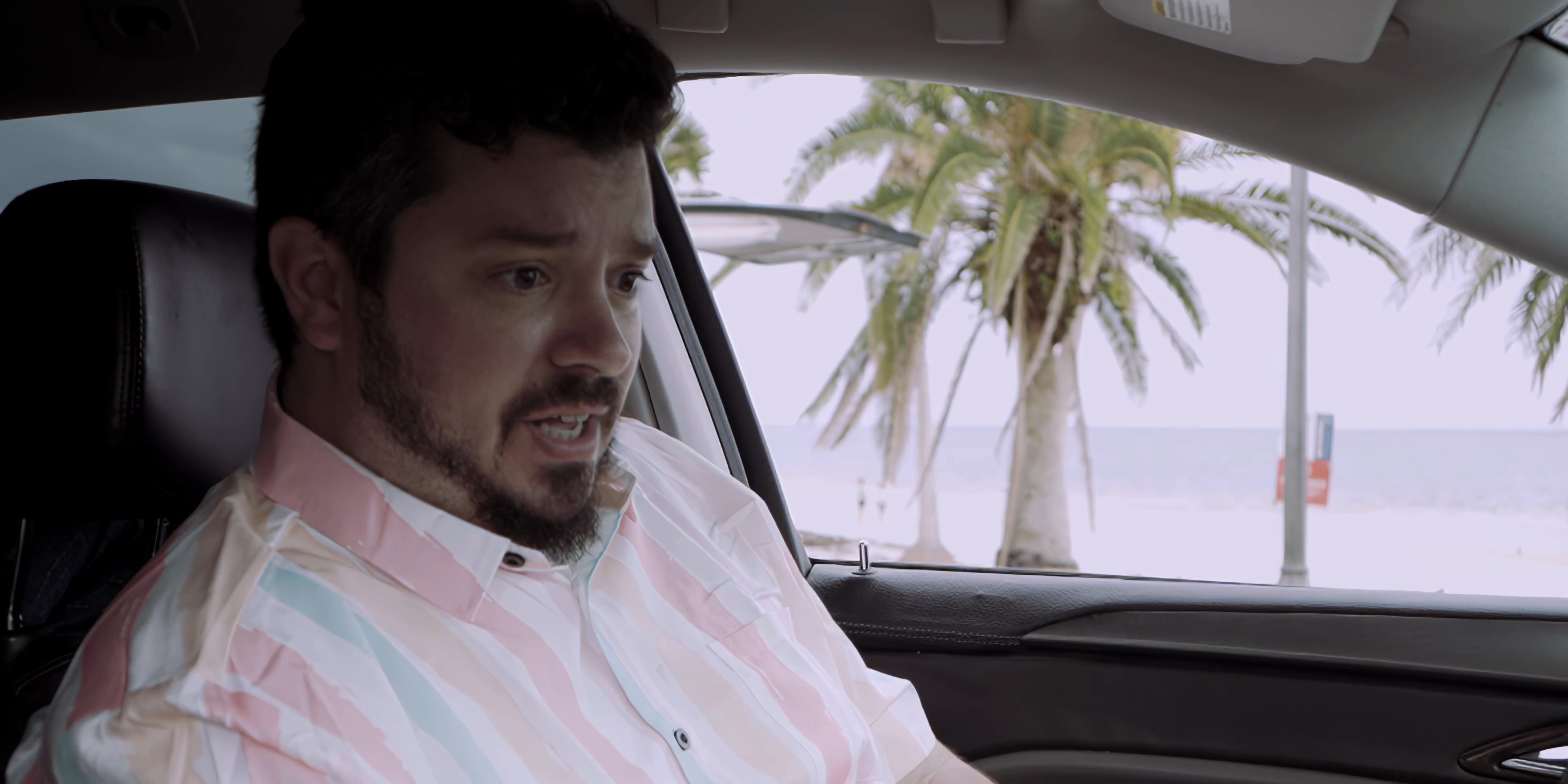 A man engaged in a video call inside a car parked near a beach recounts an experience while gesturing expressively.