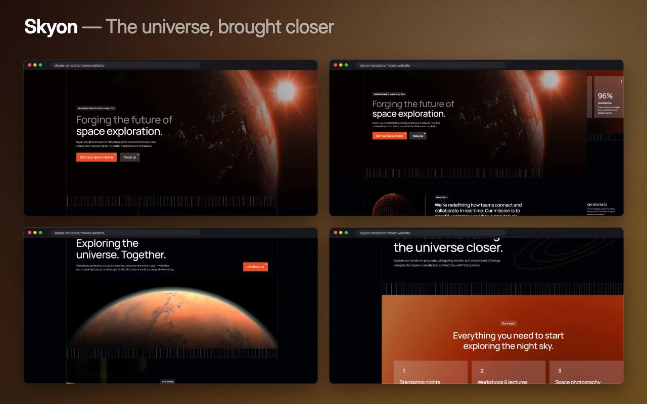 Skyon is written for the working end of space — forging the future of exploration, and services that bring the universe closer.Exploring the universe together is the line, and underneath it, everything you need to start exploring the night sky. A supplier's page, not a poster.Live preview → https://skyon-template.framer.website/Start building with Skyon →#framer #framertemplate #framerexpert #webdesign #nocode #aerospace #space #astronomy #engineering