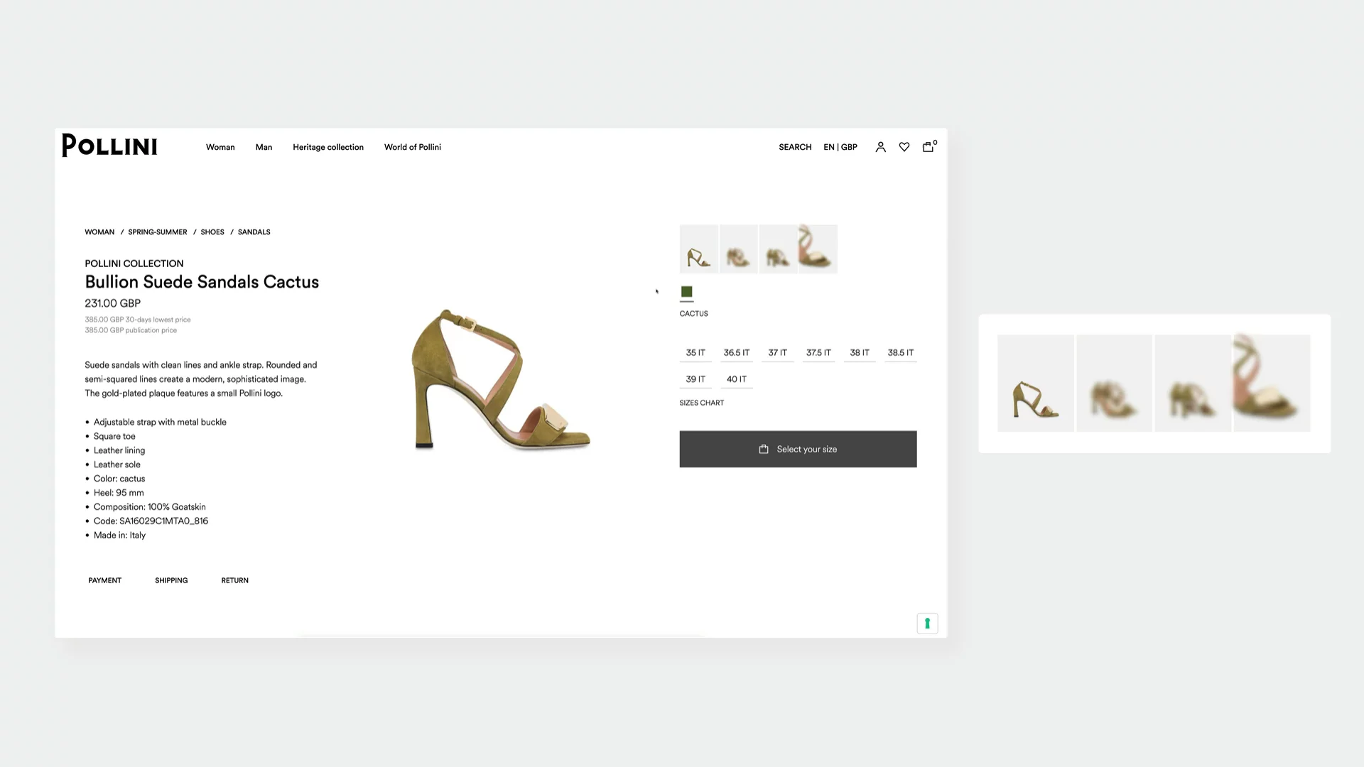 Product page for Pollini's Bullion Suede Sandals in 'Cactus' green, with clean, editorial layout focused on craftsmanship over lifestyle context. Blurred thumbnails in the side gallery spark curiosity and encourage scroll exploration. The structured layout, paired with precise specs and crisp product imagery, frames the sandal as a luxury design object rather than a wearable item.