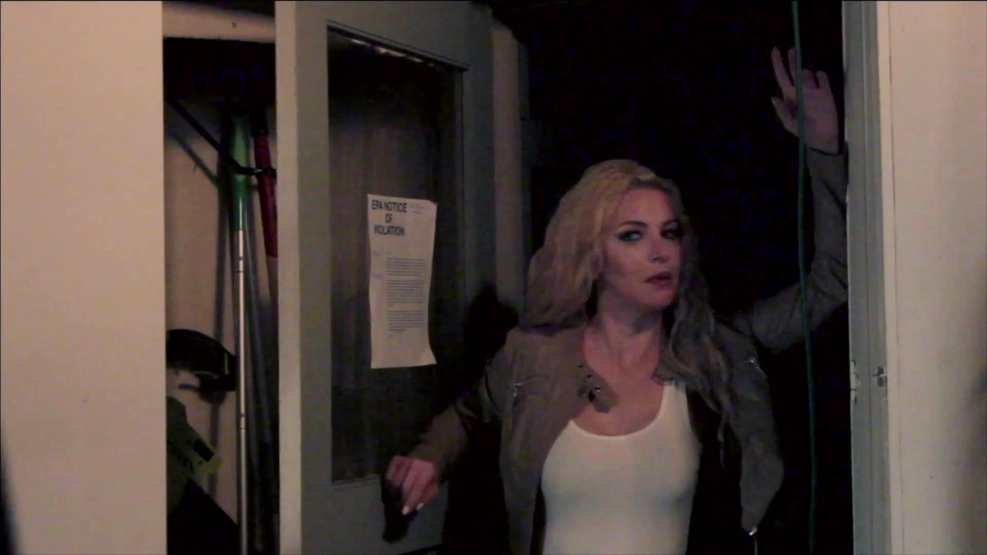 An investigator arrives at a house at night to confront a woman before a man in the building reveals himself by lifting his arms.