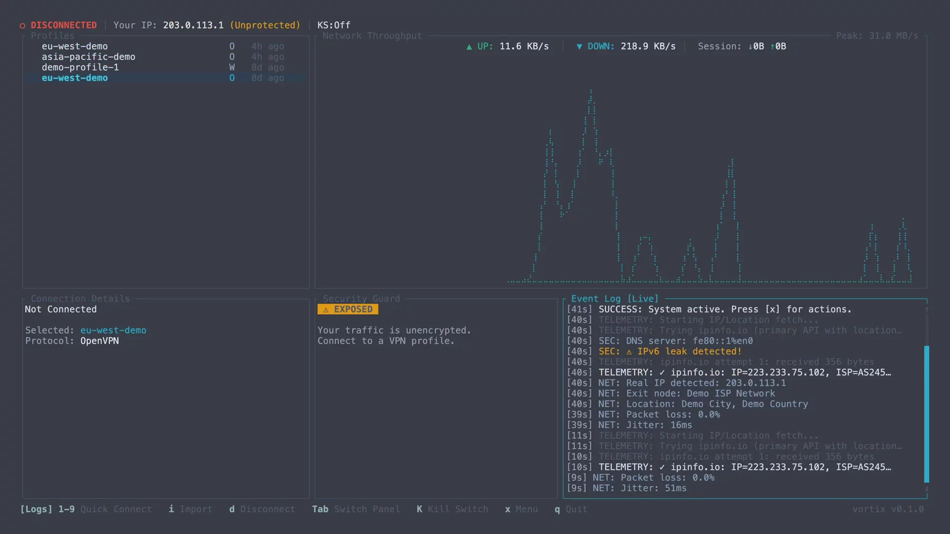 Vortix: Terminal UI for WireGuard and OpenVPN image 1