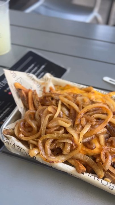 Bo & Vine Burger - Fríes with grilled onion and cheese - Burgers Near Me - Eugene, Oregon