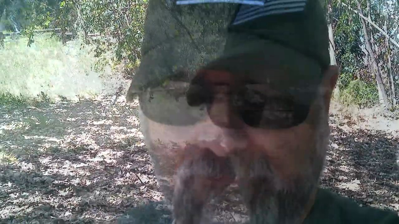 A man wearing a cap and sunglasses speaks directly to the camera while gesturing toward the surrounding woodland environment.