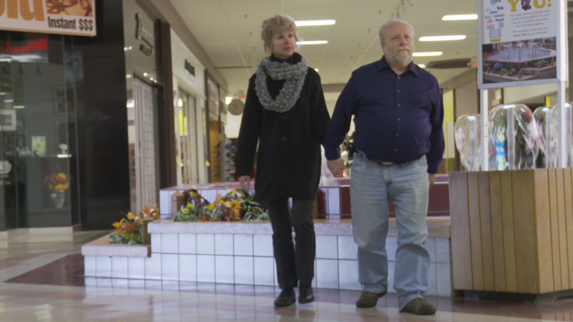 An older couple engages in various activities including walking in a wooded area, visiting a shopping mall, and relaxing by a waterfront while countdown text tracks their progress.
