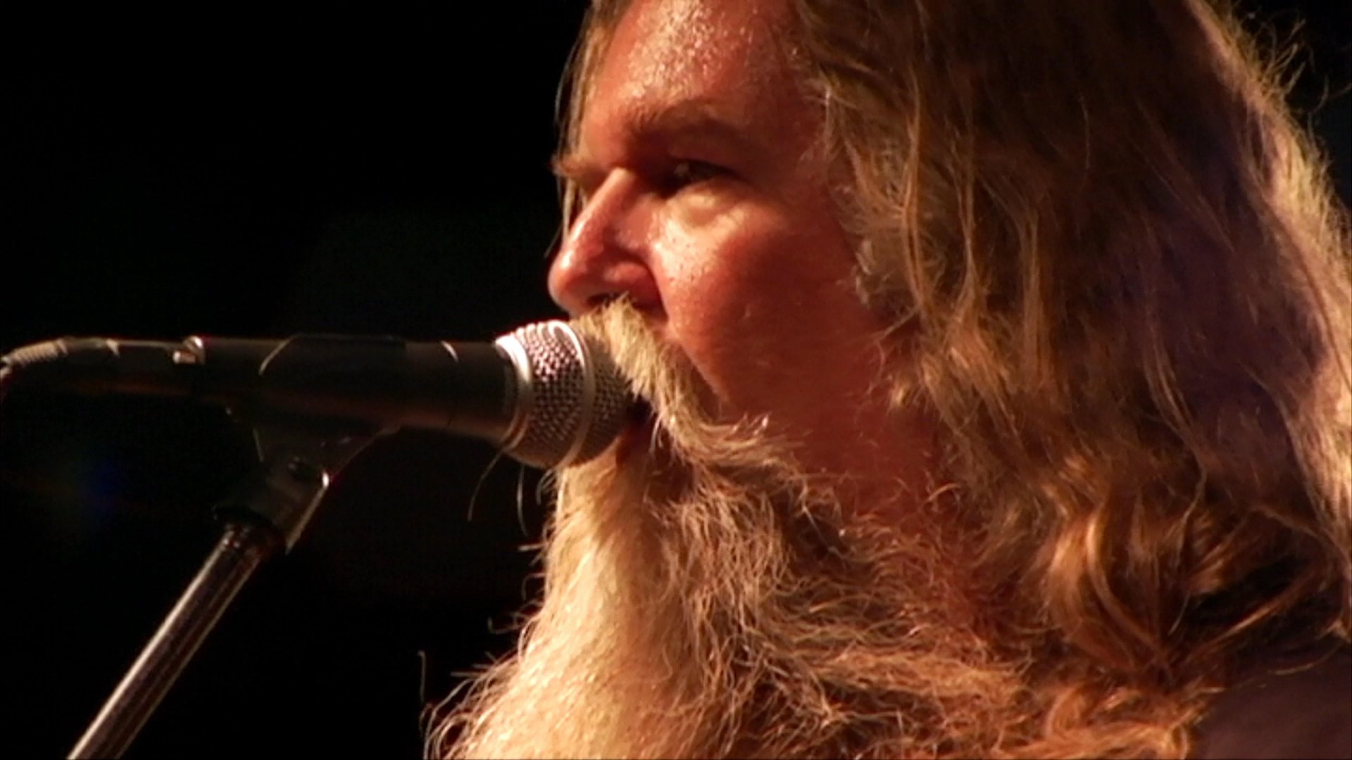 A long-haired, bearded musician performs on stage, playing the violin while singing into a microphone during a live concert setting.