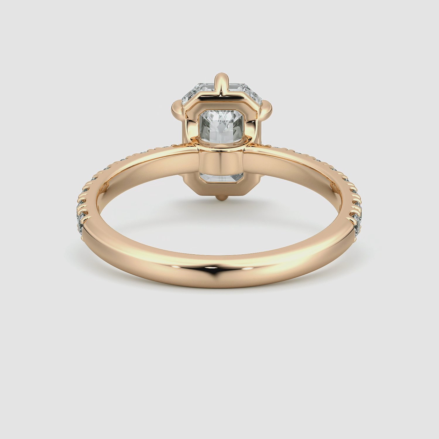 The Signature 6 Prong | Emerald | 14k | Rose Gold | bandAccent: Pavé | bandWidth: large | hiddenHalo: no | diamondOrientation: vertical | caratWeight: other