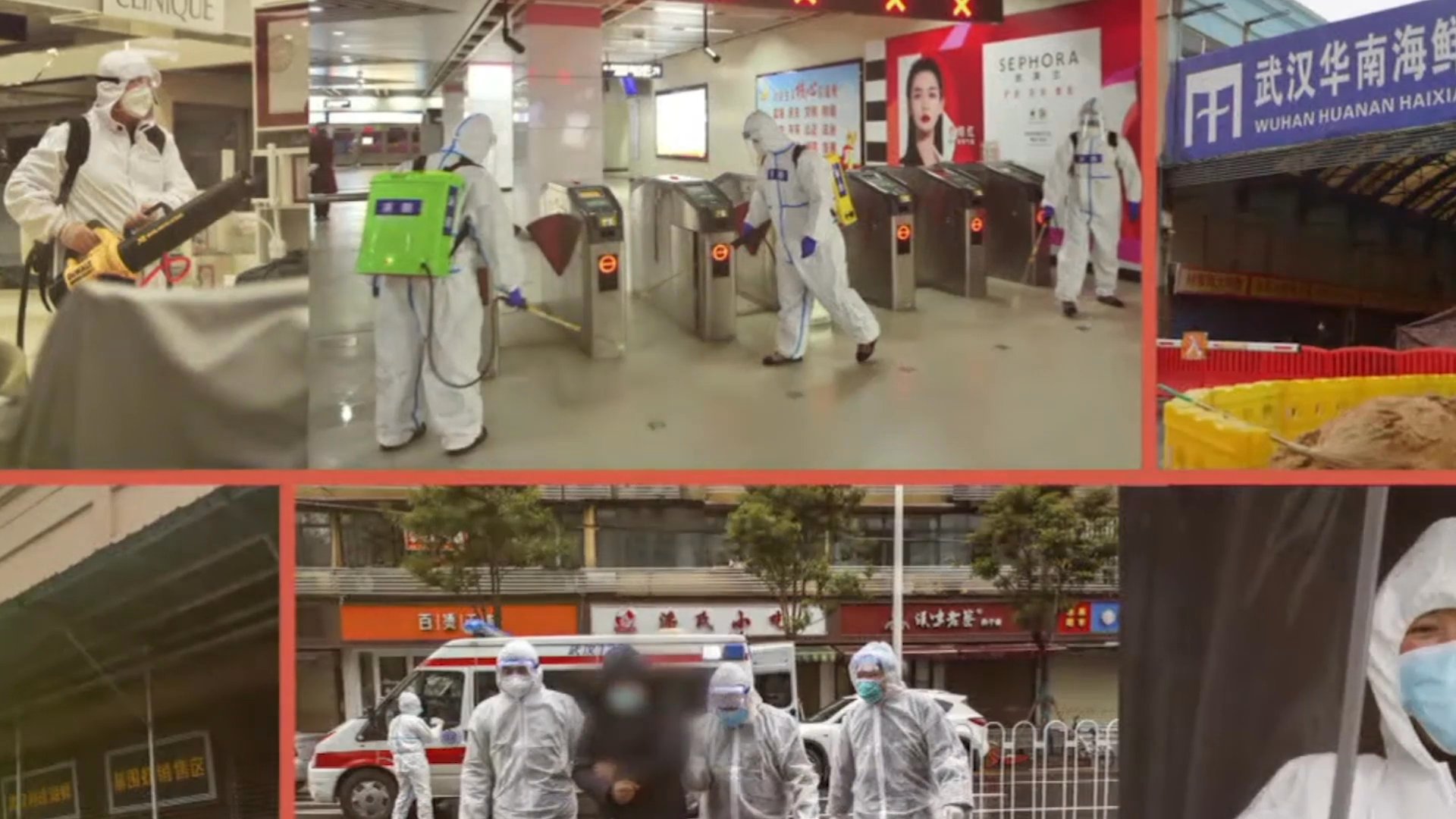 Visuals transition from animated virus illustrations to footage of workers performing mass disinfection and individuals protesting pandemic-related restrictions.