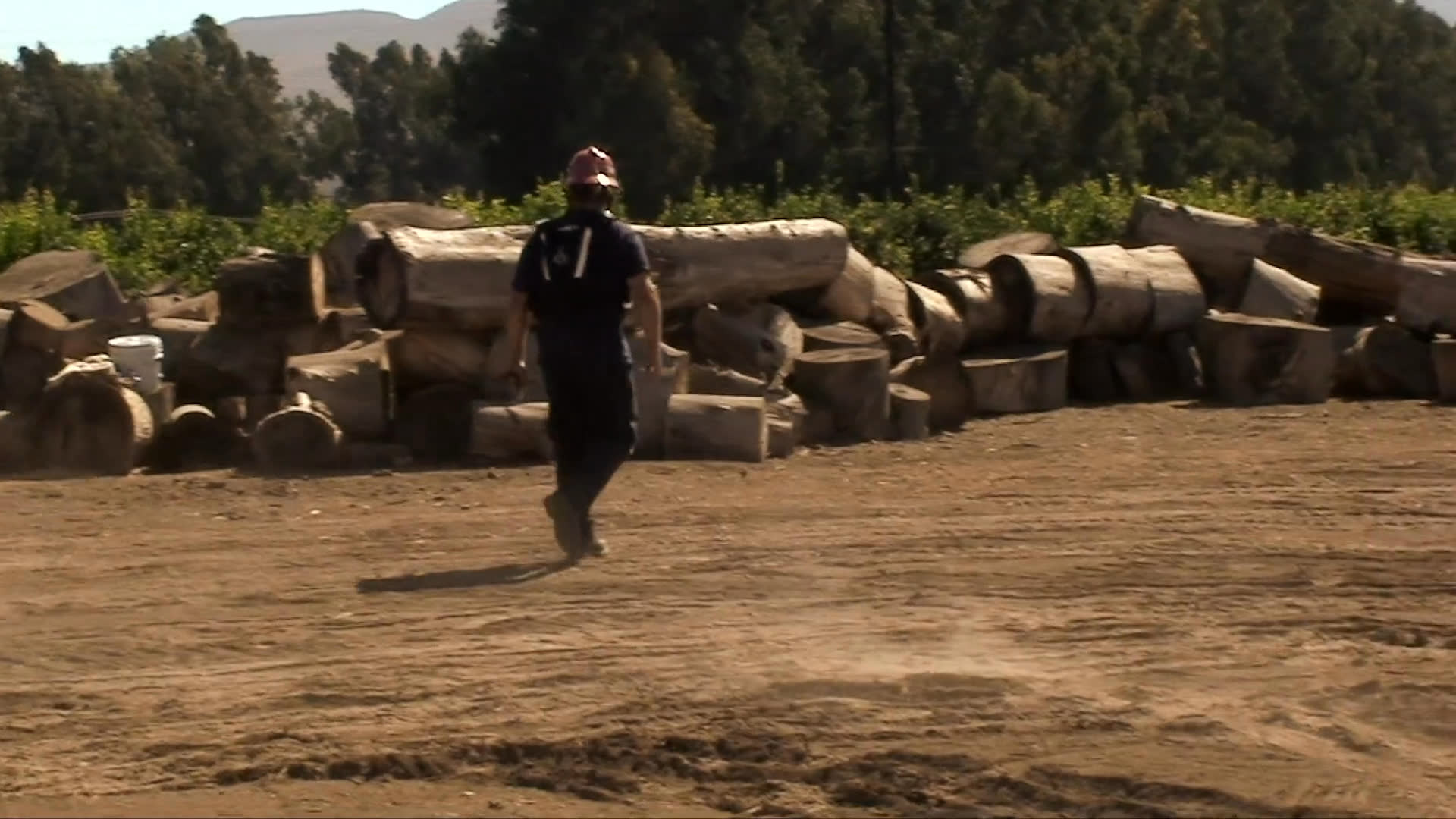 A black labrador retriever performs a retrieval task in a dirt field under the guidance of its handler. The dog successfully returns with a toy before walking toward vehicles parked on a nearby path.