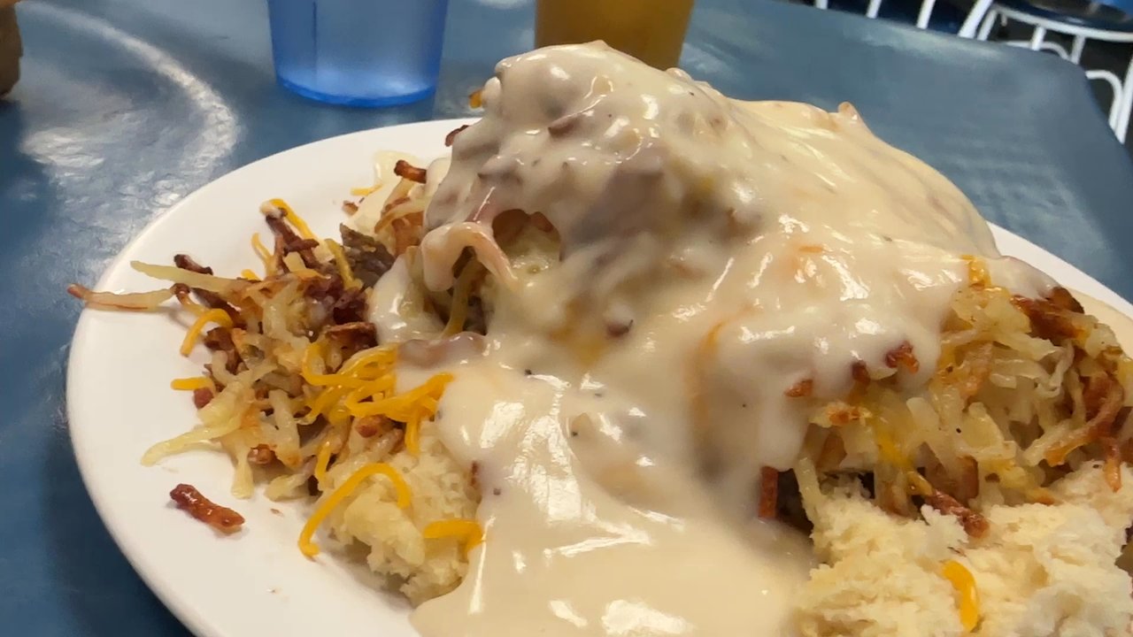 Bluebonnet Cafe - Breakfast Trash - Biscuit, gravy, hash browns, fried eggs. - Breakfast & Brunch Near Me - Haltom City, Texas
