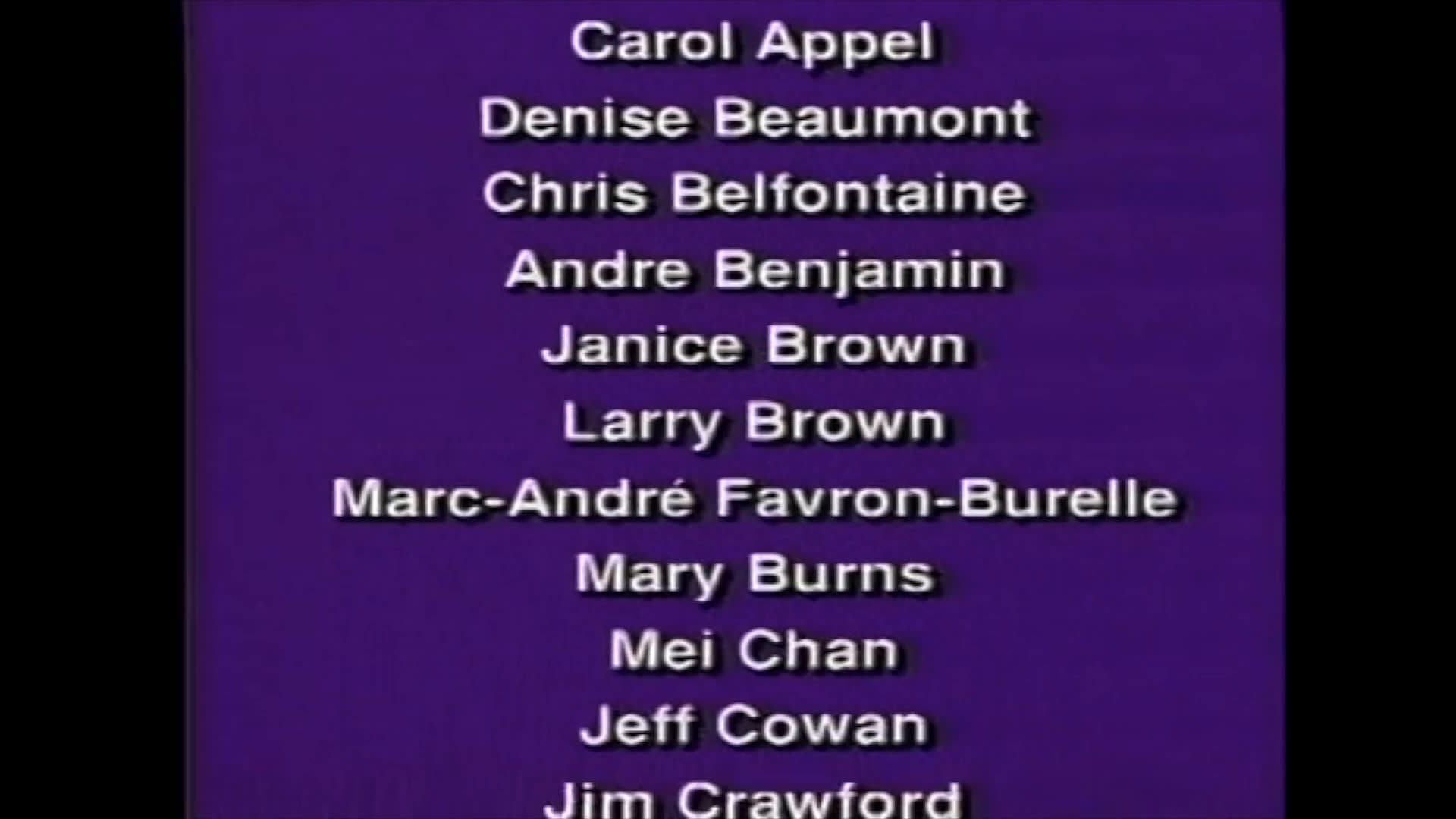 Scrolling text displays the production credits, including a list of contributors, participants, and featured locations.
