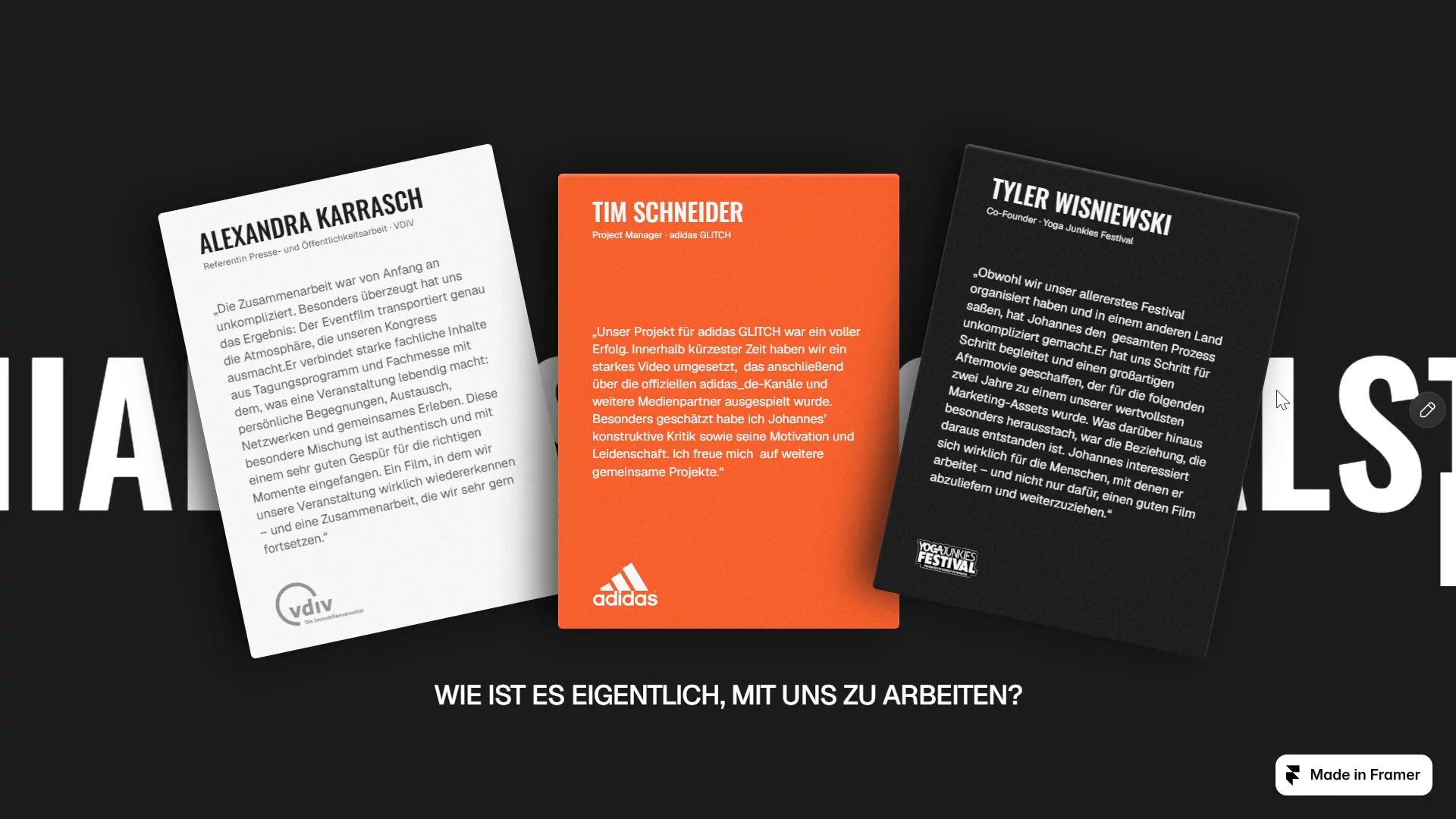 Client testimonial cards from a recent @Framer project.