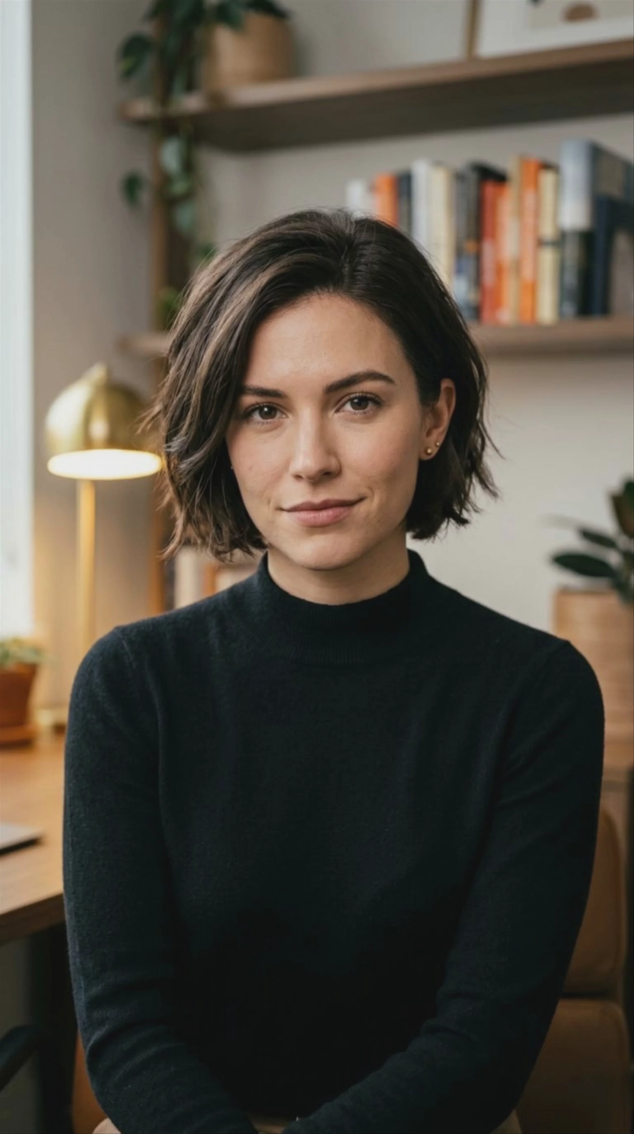 A vertical video frame showing a woman with short dark hair wearing a black mock-neck sweater. She is speaking directly to the camera in an office setting with bookshelves and a warm lamp in the background. Generated by Kling V3 Pro at 1076x1924 resolution.