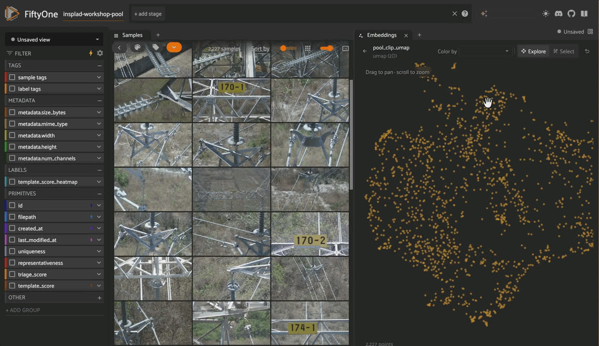 Lassoing a tight cluster in the Voxel51 Embeddings panel UMAP projection of CLIP embeddings to select those samples in the grid