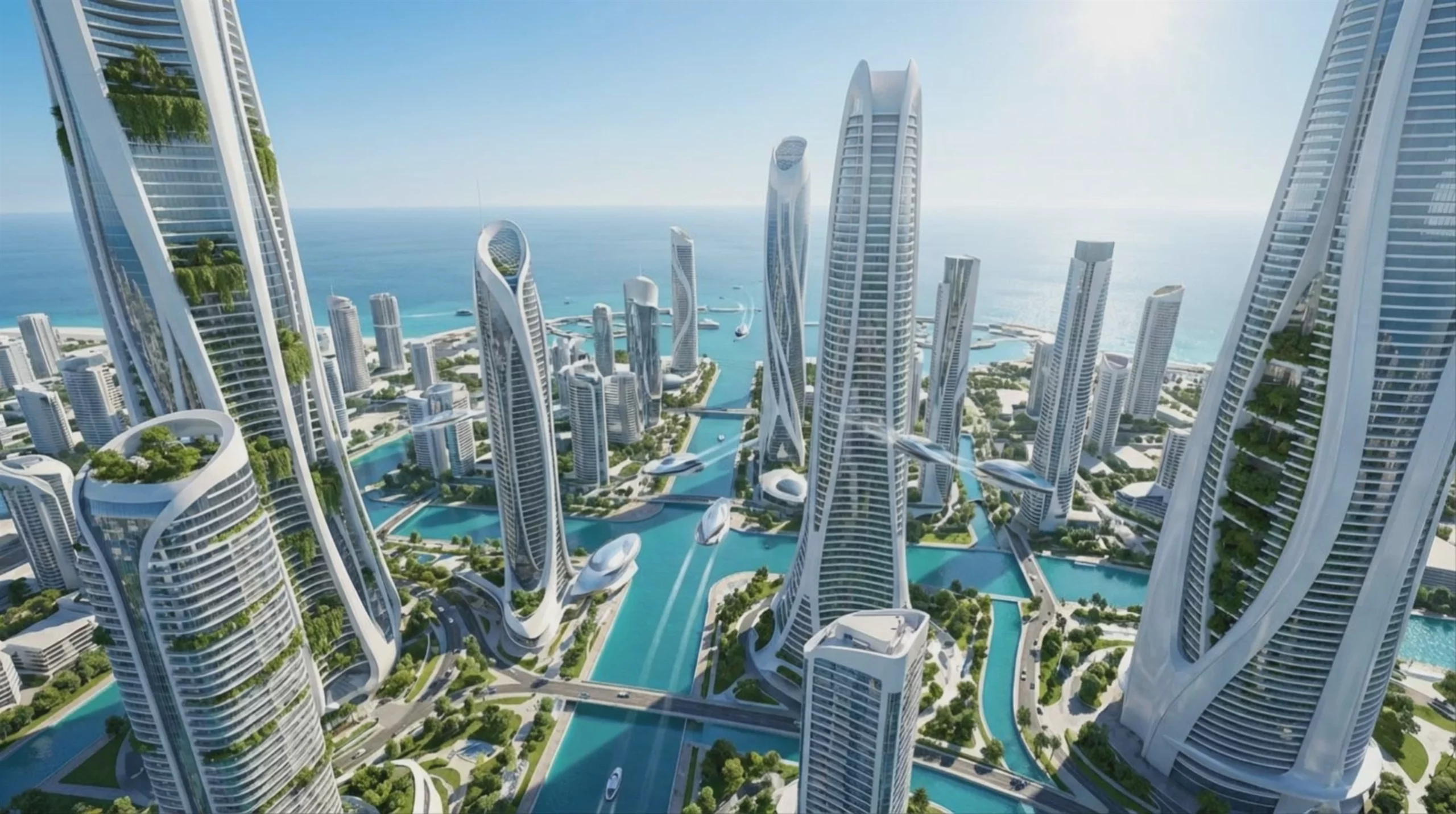 A high-angle aerial view of a futuristic coastal city featuring towering white skyscrapers with integrated vertical gardens. Turquoise waterways wind between the buildings, carrying boats, under a bright, sunny sky. Generated as a 1924x1076 resolution video using the Kling O3 Pro model.