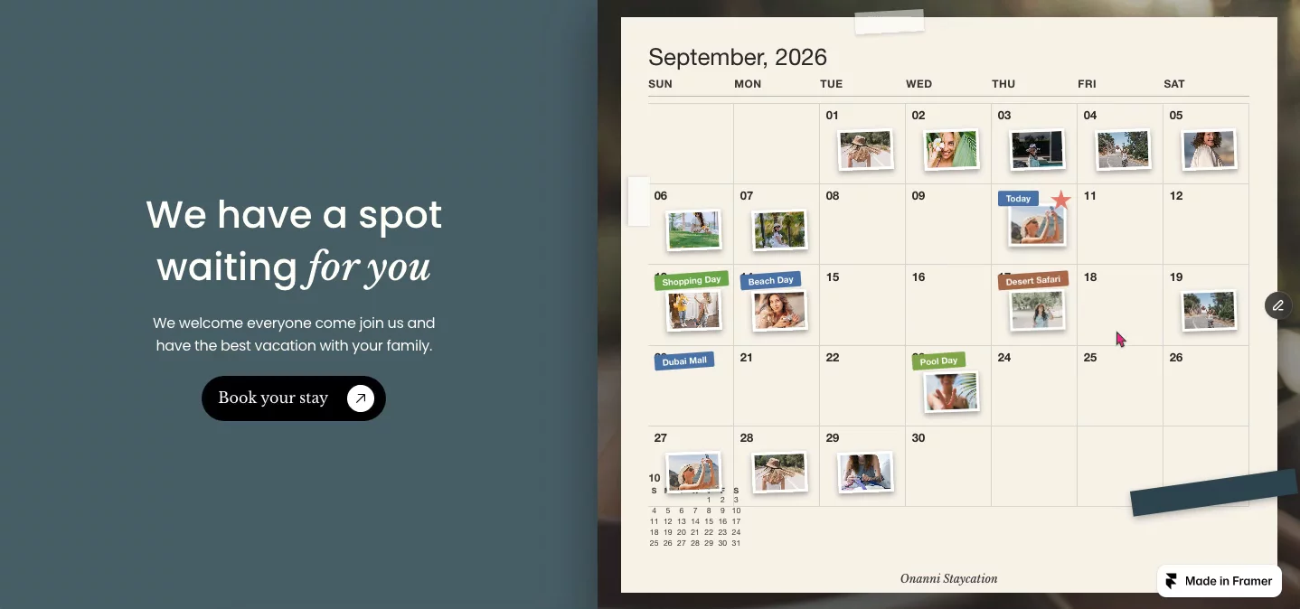 🆎 New Component Alert !!!A fun way to add a real month Calendar for your website. Kalenda pulls the real date and lays itself out from scratch: the right weekday under every column, the right number of days for the month, and a "September, 2026" header that never needs updating by hand. Point it at any month manually if you'd rather preview something else.https://framer.link/jp7WyGC