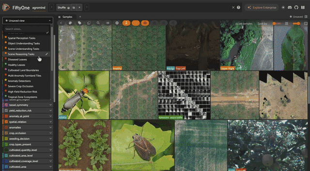 AgroMind agricultural visual question answering images across task-based saved views in the FiftyOne app