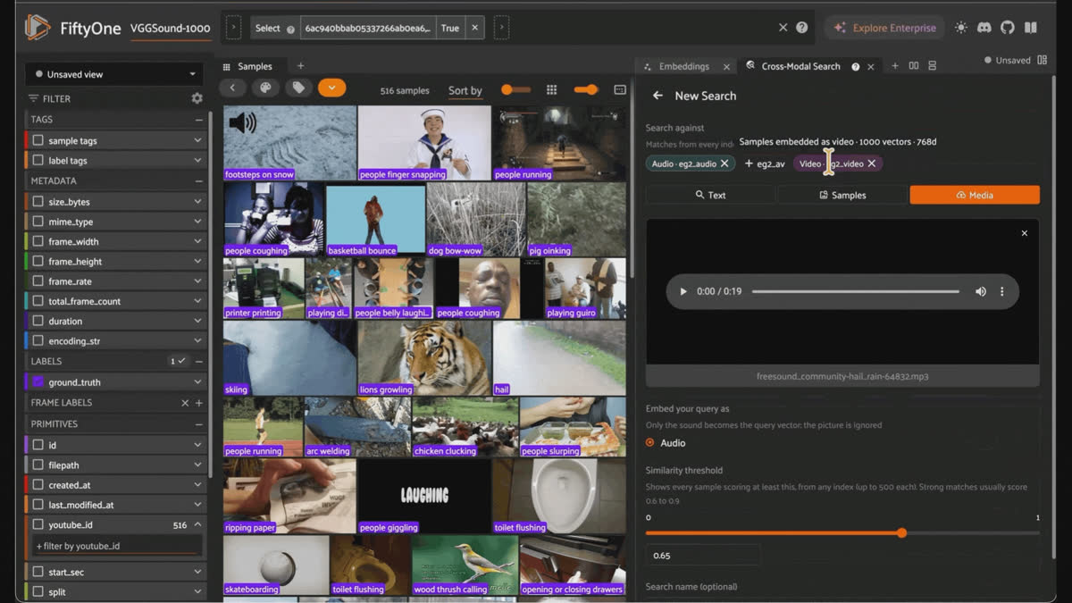 Audio and video queries in the Cross-Modal Retrieval panel find VGGSound clips by what they show and how they sound.