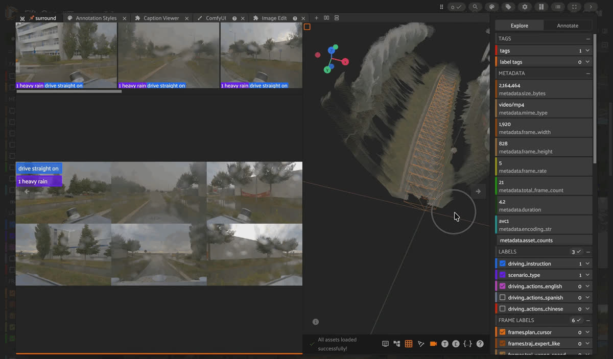 All 103 KITScenes-LongTail scenarios in the FiftyOne App, each tile a six-camera surround montage labeled by scenario type and driving instruction.