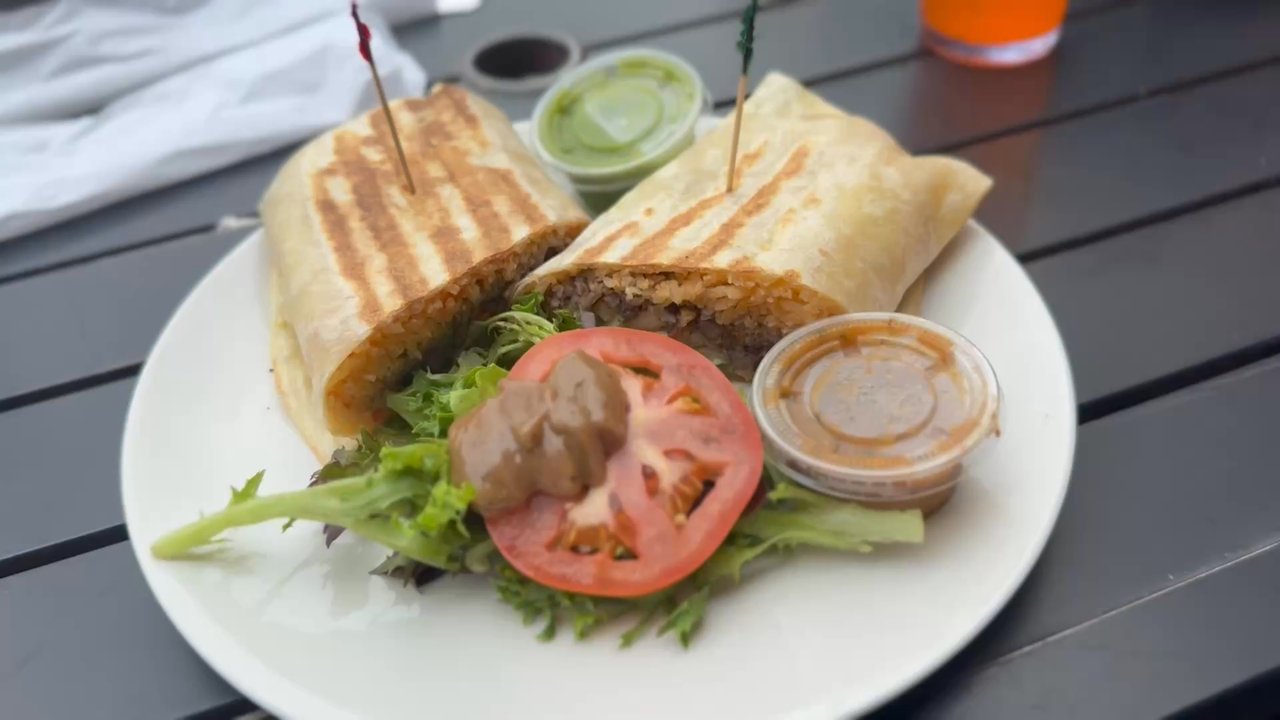 Crave Cafe Studio City - Chicken Burrito with pepper jack cheese. Salsas were yummy. - Cafes Near Me - Studio City, California