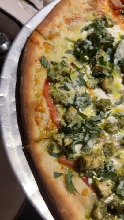 Evio's Pizza & Grill - 1/2 Pesto Chicken Pizza 1/2 Pepperoni Hot Honey, both very good - Pizza Near Me - North Miami, Florida