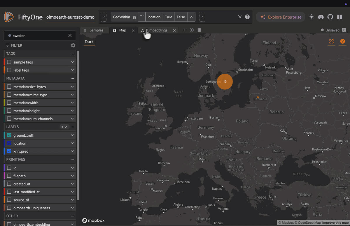 Map, image grid, and embedding space linked three ways in FiftyOne — filter by geography and all three panels update in sync.