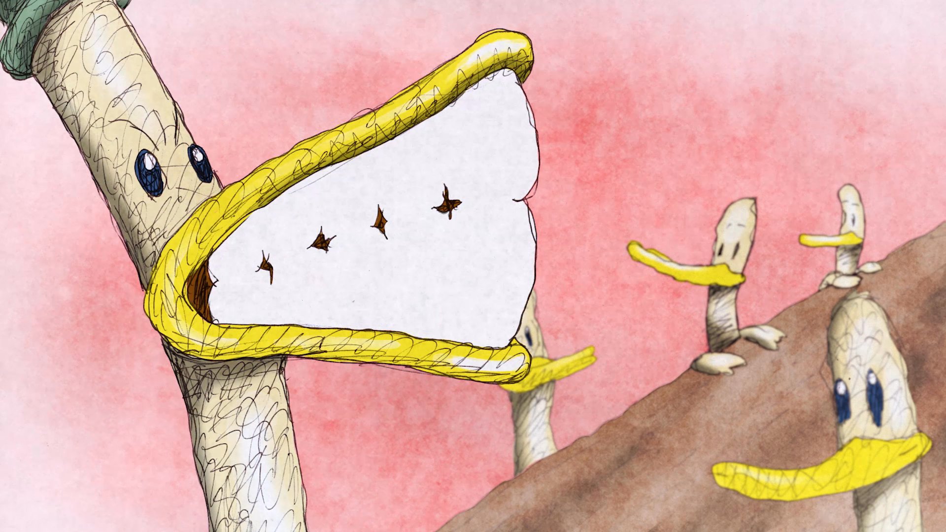 An animated sequence depicts the residents of Duckville engaging in chaotic interactions within a stylized, hand-drawn environment. The narrative explores themes of community dynamics through surreal and expressive character animation.