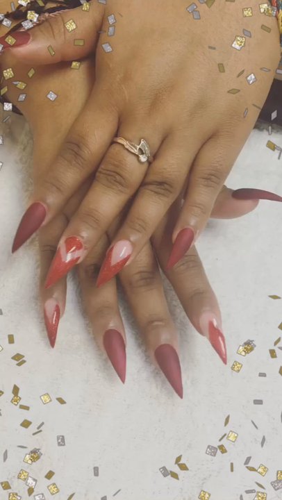 Better Nail Salon - Stiletto nail shape with shimmery red polish and matte top finish. Let's have some fun with your nails. - Nail Salons Near Me - Malvern, Pennsylvania
