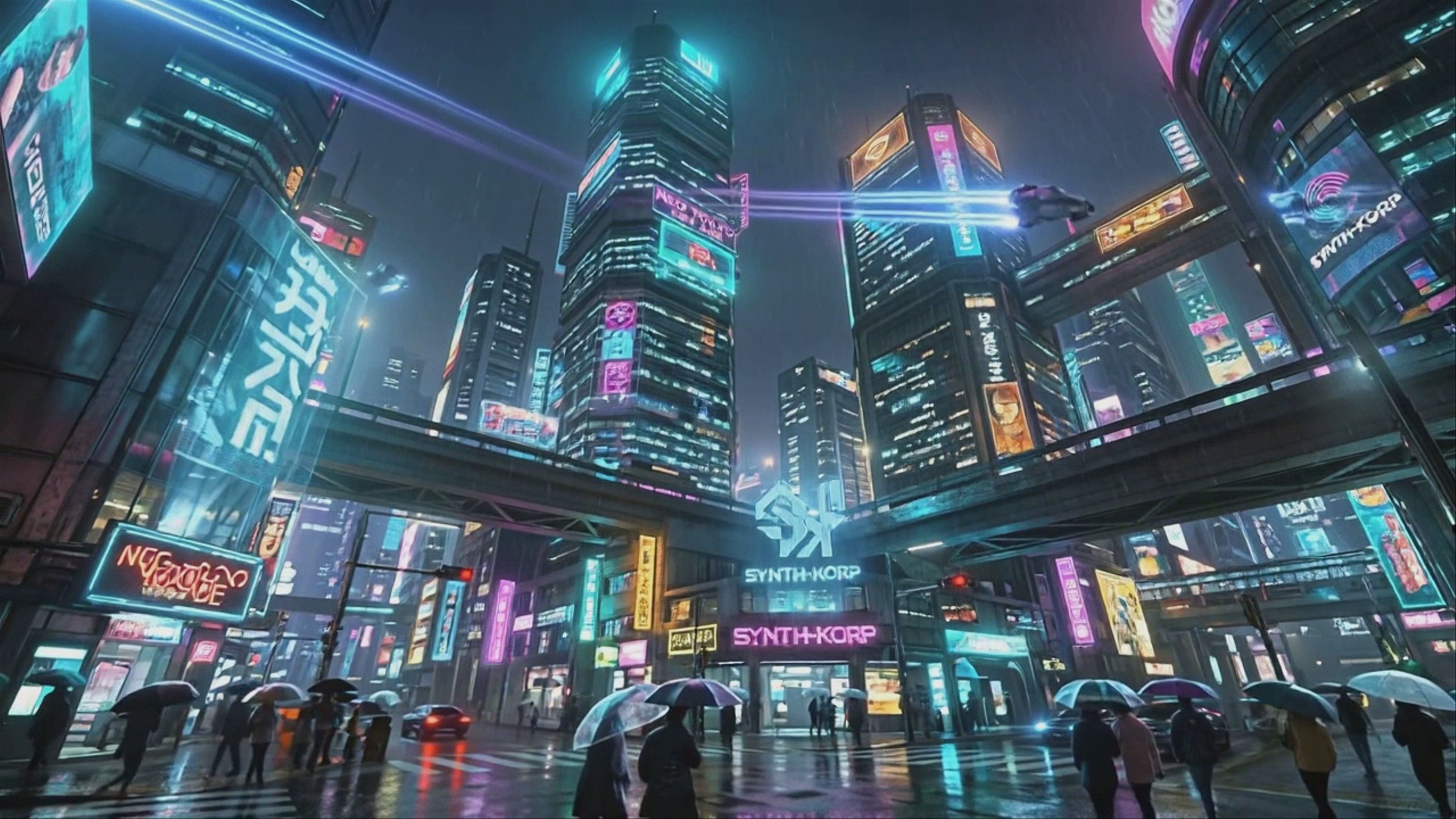 A wide-angle, low-angle shot of a futuristic cyberpunk city at night with towering skyscrapers covered in neon signs. Flying vehicles leave light trails in the dark sky above pedestrians with umbrellas on a wet street. This 1280x720 resolution video frame was generated using the Seedance 1.5 Pro model.