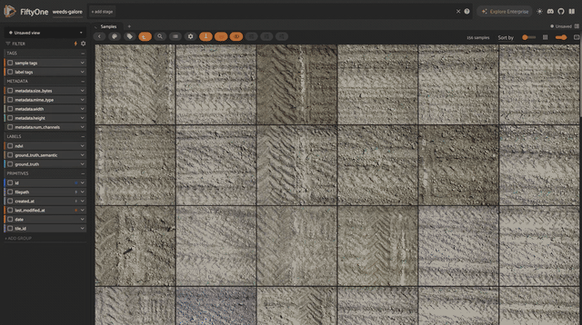 WeedsGalore UAV multispectral maize tiles displayed as a grid in the FiftyOne app