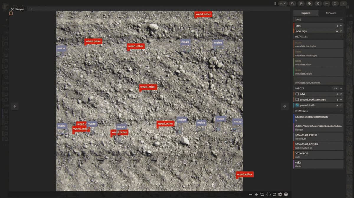 WeedsGalore UAV multispectral maize tiles displayed as a grid in the FiftyOne app