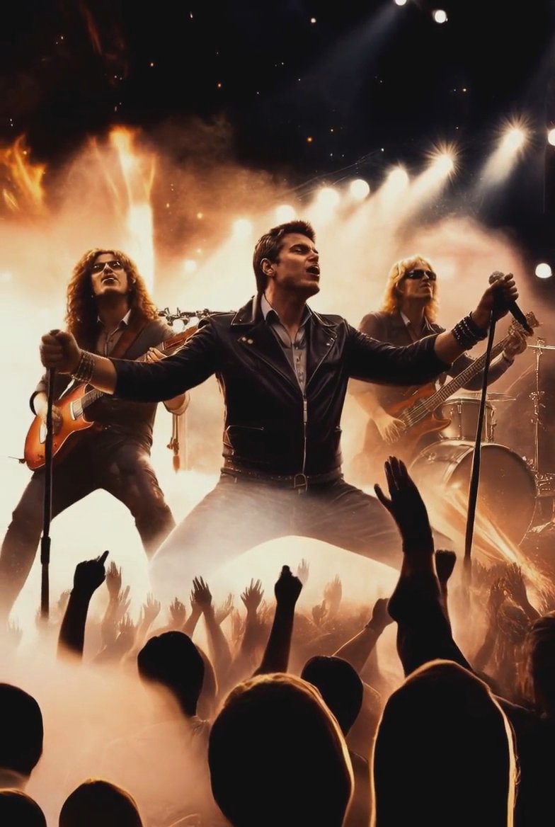 Lip Sync: crowd waving hands and band singing and pointing