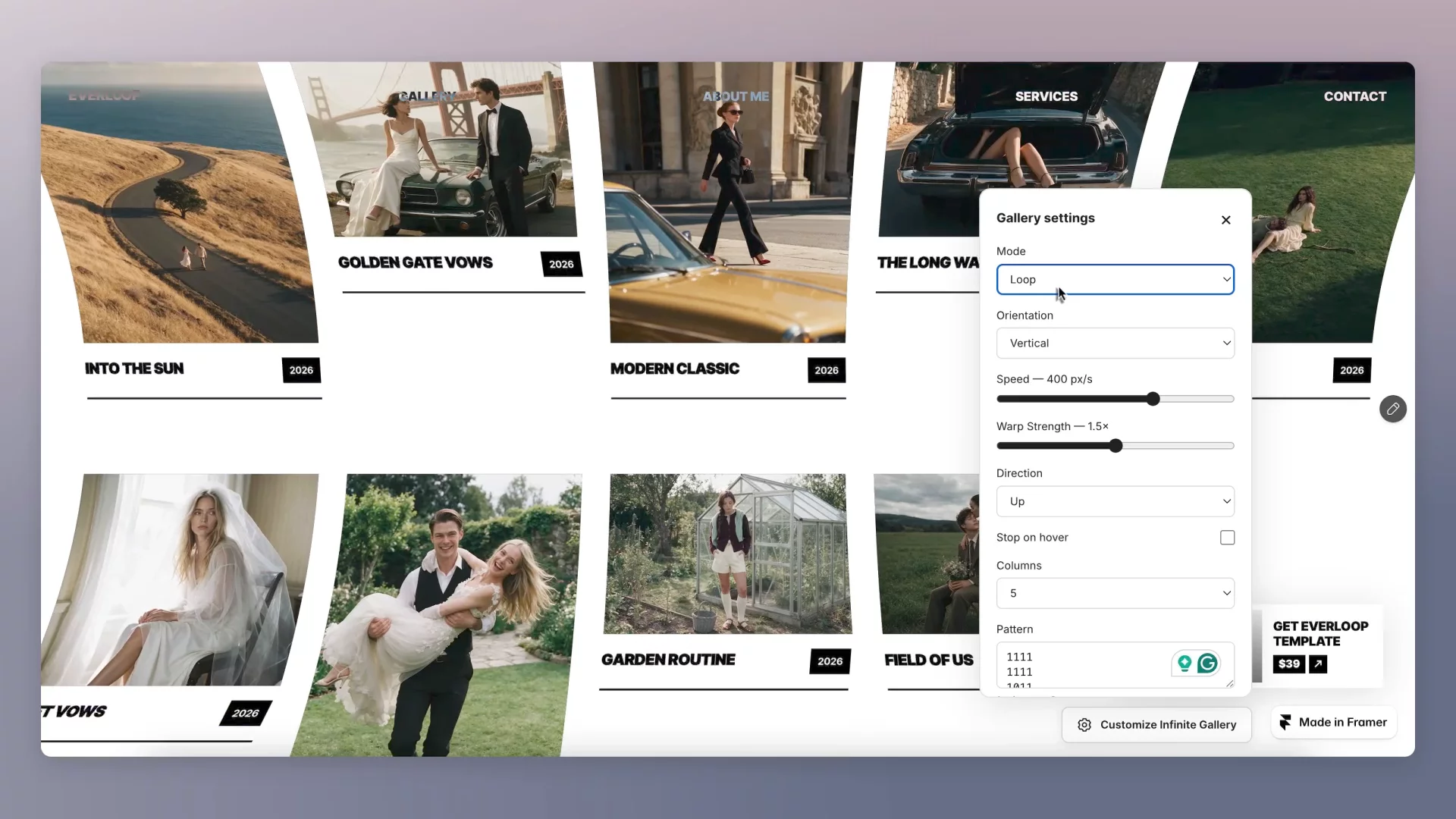 One of the things I like about my Everloop template is the extensive customization available with just a few clicks - changing the mode, direction, element display settings, and more.  Try it yourself: https://everloop.framer.website/