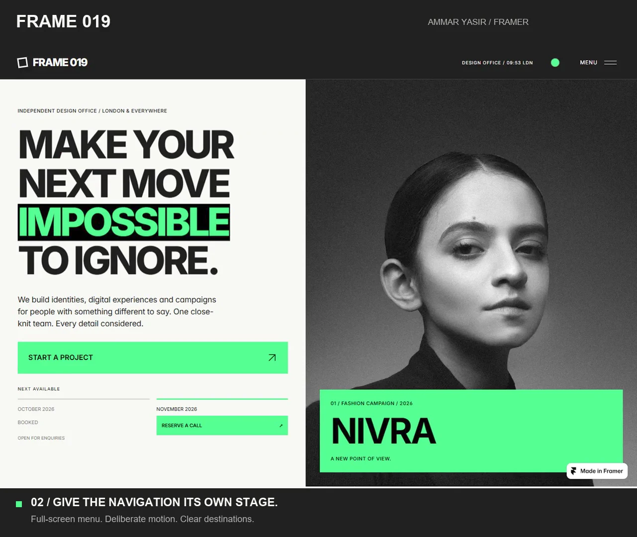 From a grid to a complete studio website.FRAME 019 is live. I built it around bold type, editorial imagery and one changeable accent, then connected the details: CMS case studies, a full-screen menu and interactive process tabs.A quick walkthrough of the finished build below.13 page layouts. 6 sample projects. Desktop to mobile.Available now for $10.FIRSTFRAME is coming soon: a planned 3-day free launch offer. The coupon is NOT active yet. I'll share the confirmed dates when it's ready.Explore: https://frame019.framer.website/Which detail would you make your own?#Framer #WebDesign #FramerTemplates
