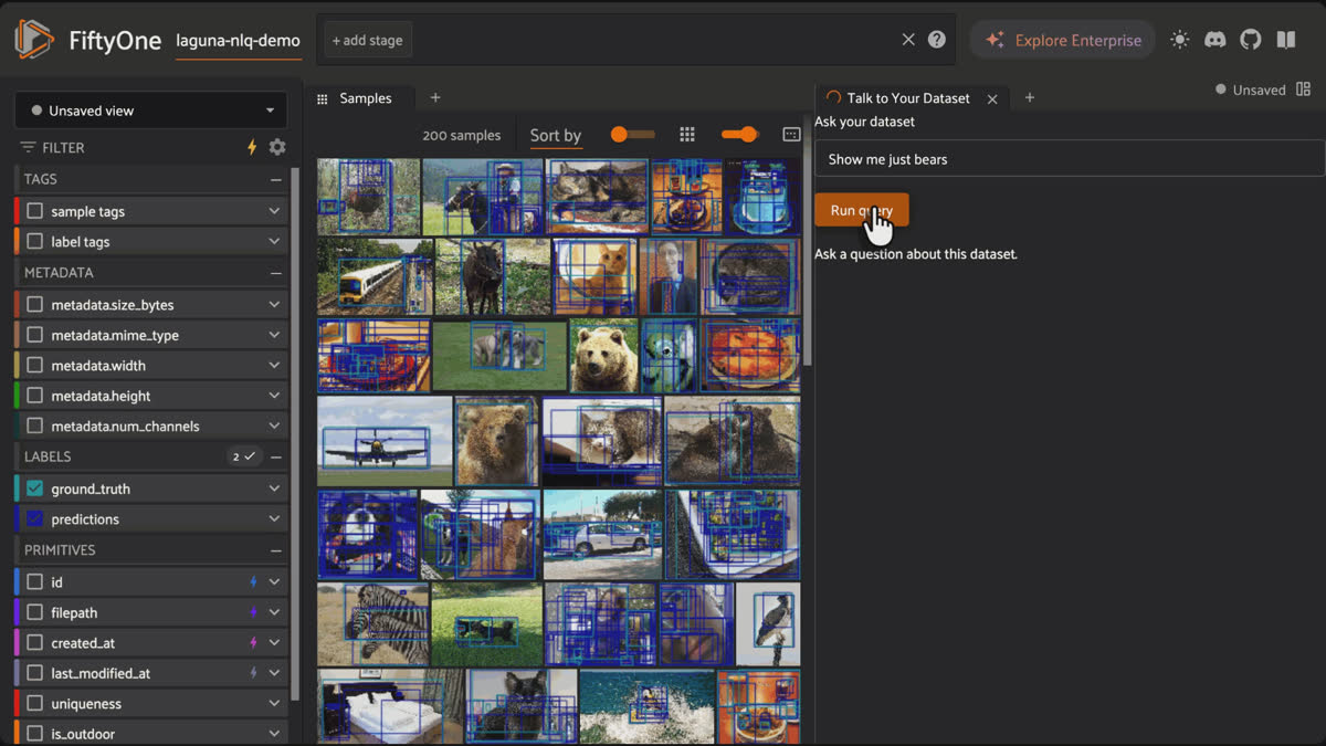 FiftyOne Talk to Your Dataset panel filtering 200 samples down to four bear images from the query Show me just bears.