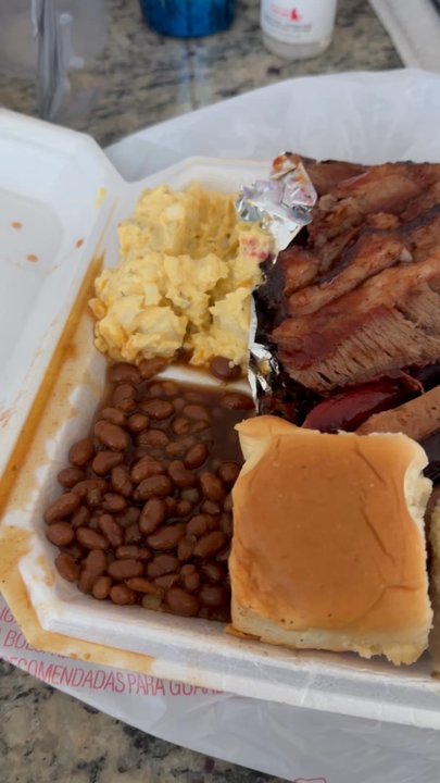 Chubz Spudz - 3 Meat Plate with brisket, ribs, and links. Comes with 2 sides and 2 rolls. Potato salad and baked beans. - Smokehouse Near Me
