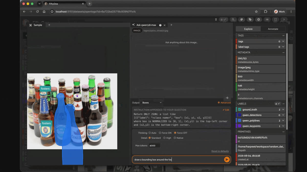 The FiftyOne App chat panel asking Qwen3.8-Max to point to a Canadian beer cap, with its live thinking trace beside a photo of stacked beer bottles.