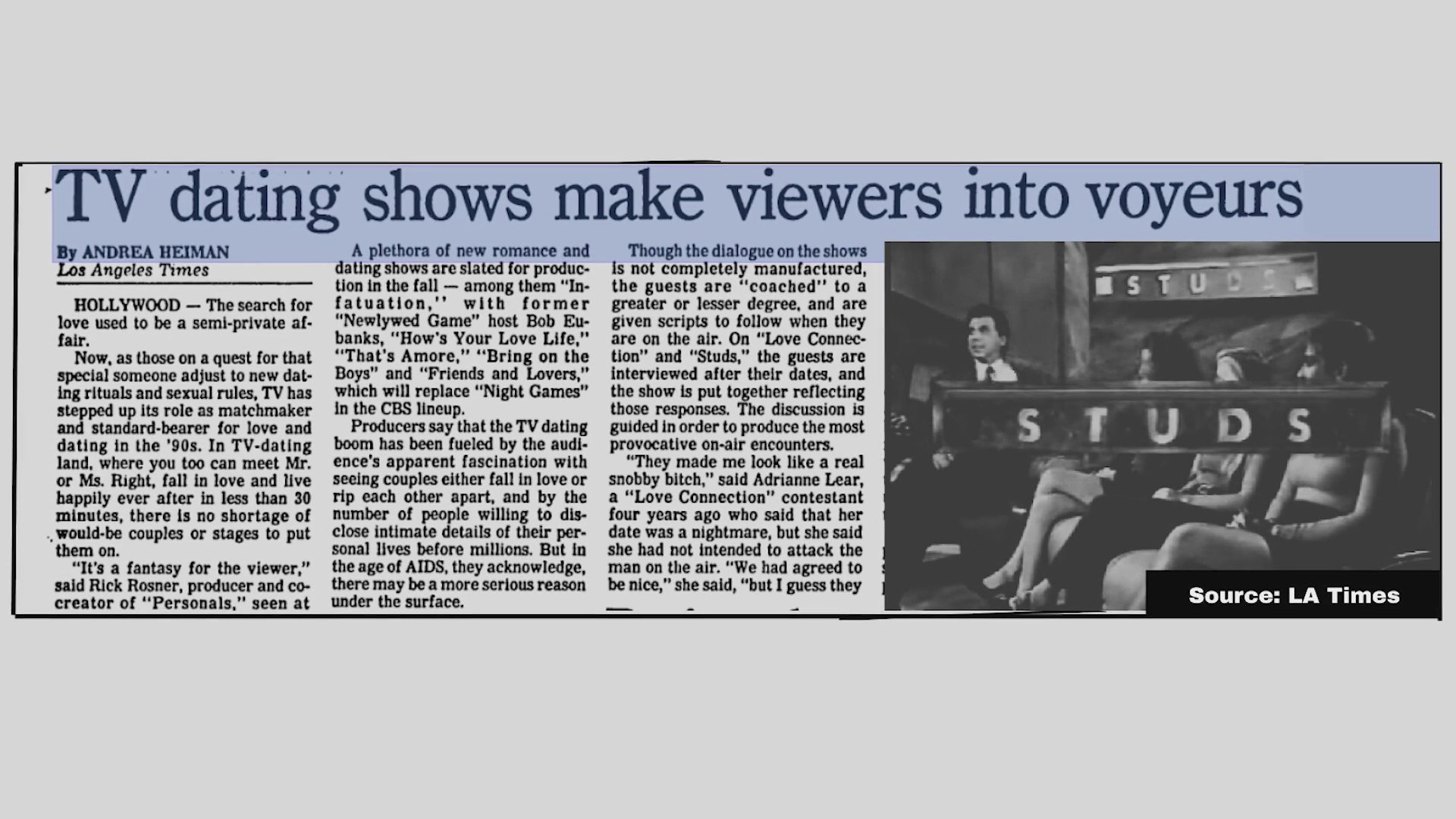 A long-married couple reflects on their experience as dating show contestants in 1977, contrasted with an LA Times article examining the evolution and voyeuristic nature of television dating programs.