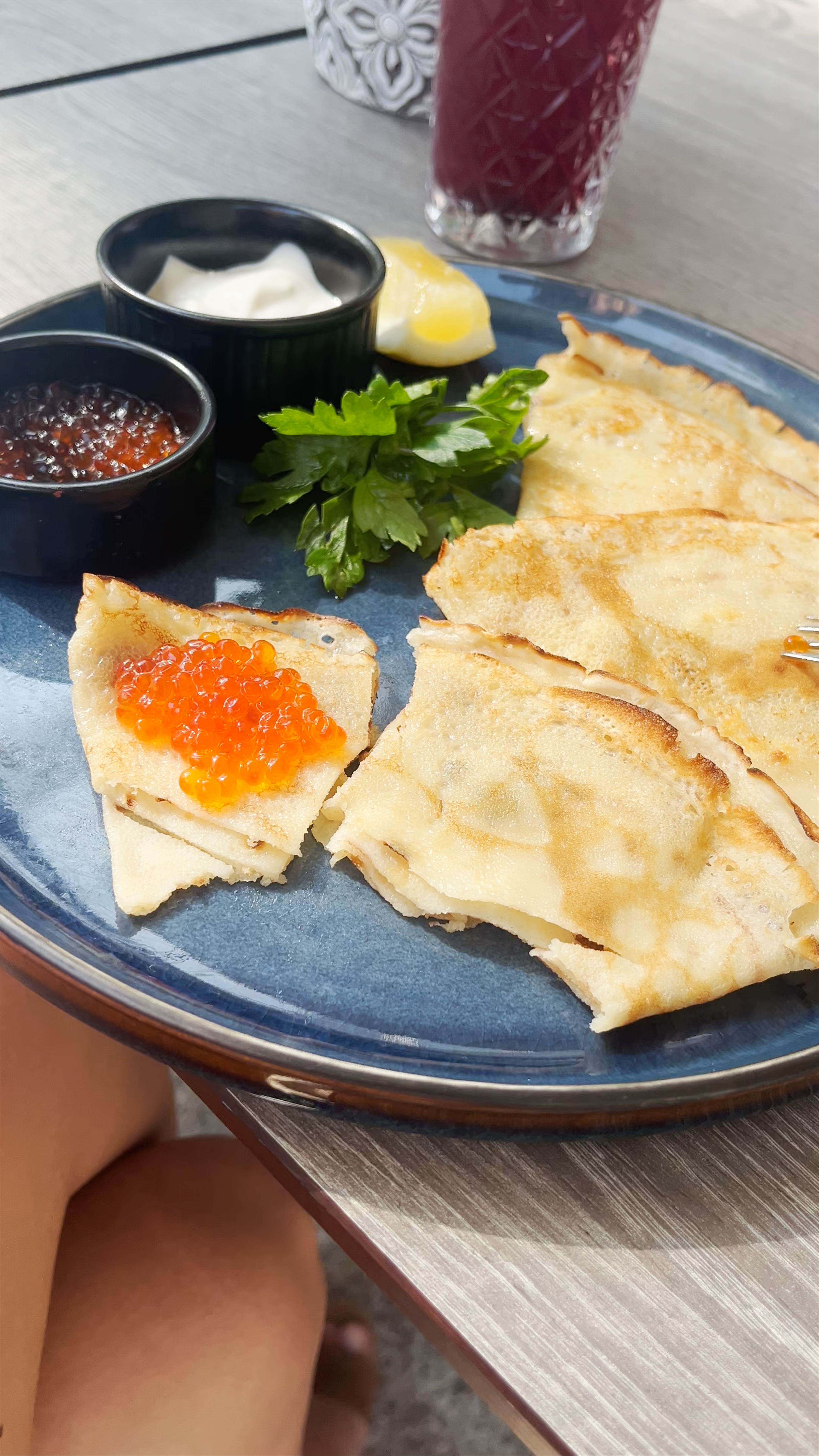 Authentic Latvian Pancakes with Red Caviar at Restorāns Olivjē in Jūrmala
