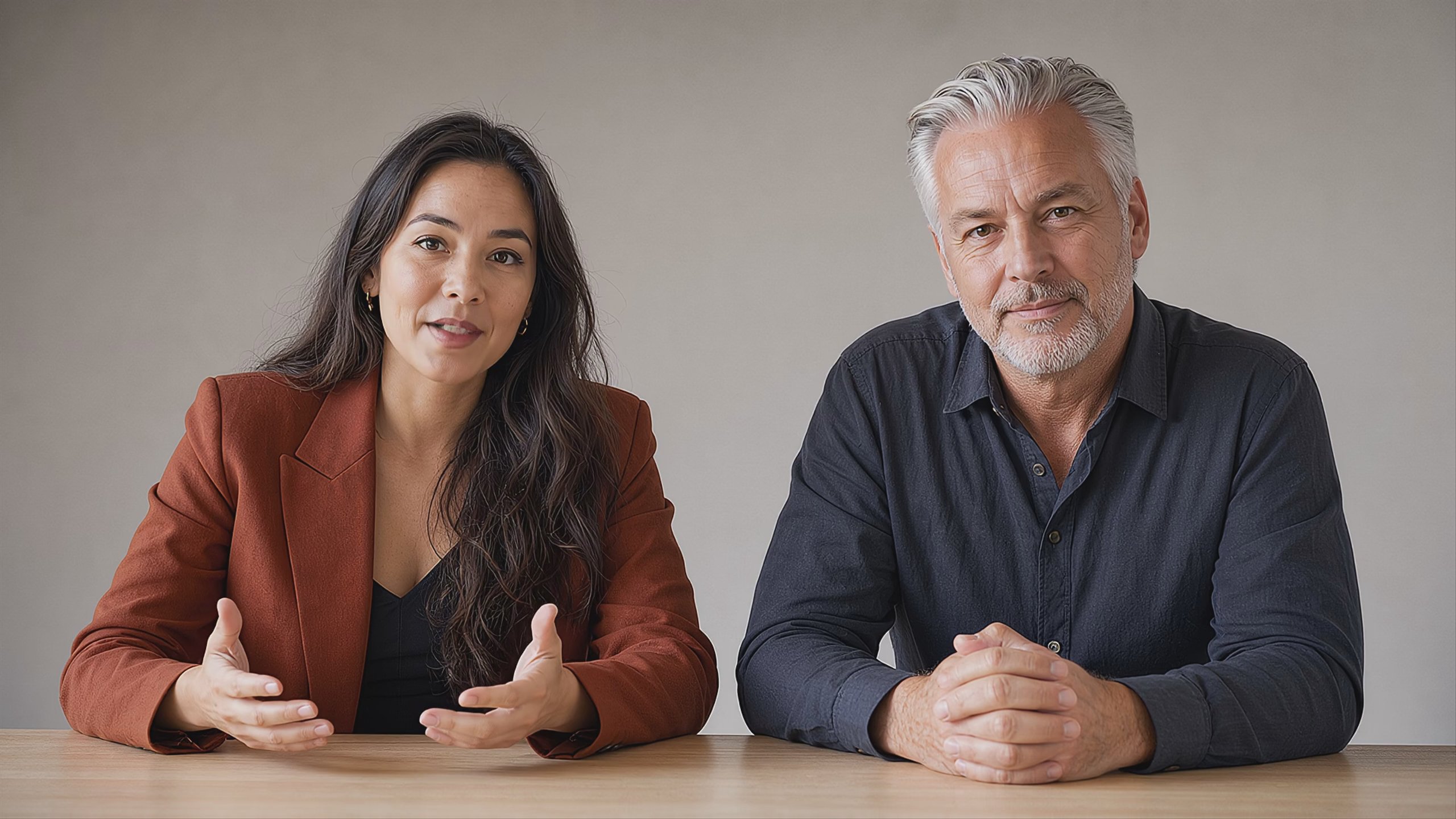 A woman in a rust blazer and a silver-haired man in a charcoal shirt seated side by side behind a pale wood table, facing camera
