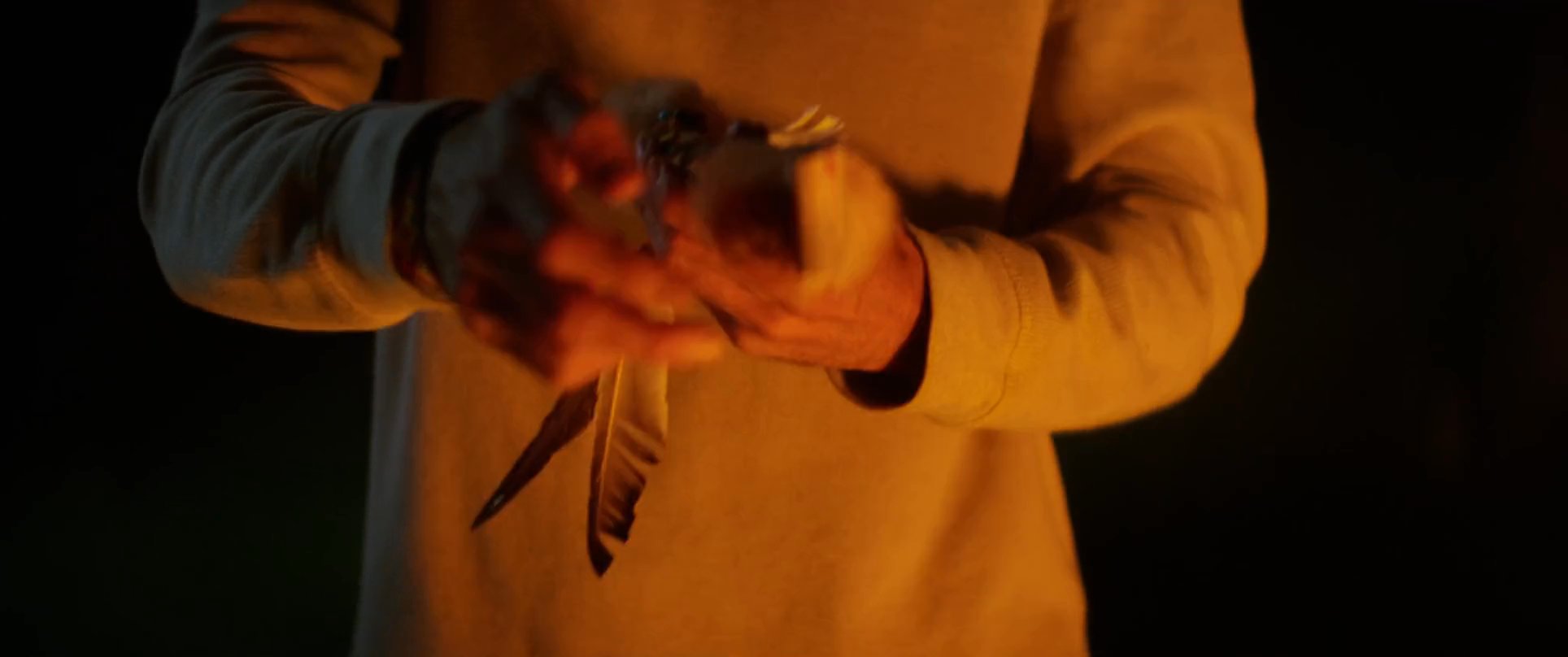A man lights a sage bundle and performs a cleansing ritual under the warm glow of a campfire at night.