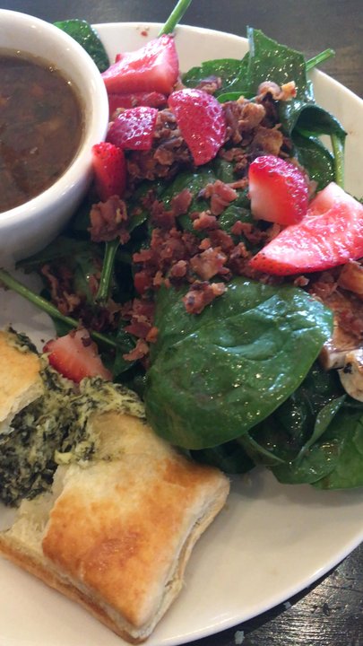 la Madeleine - Dinner Combo. Seasonal Spinach and Artichoke friand, Seasonal French Lentil and Kale Soup, and Strawberry Bacon Salad. - Bakeries Near Me - Tulsa, Oklahoma